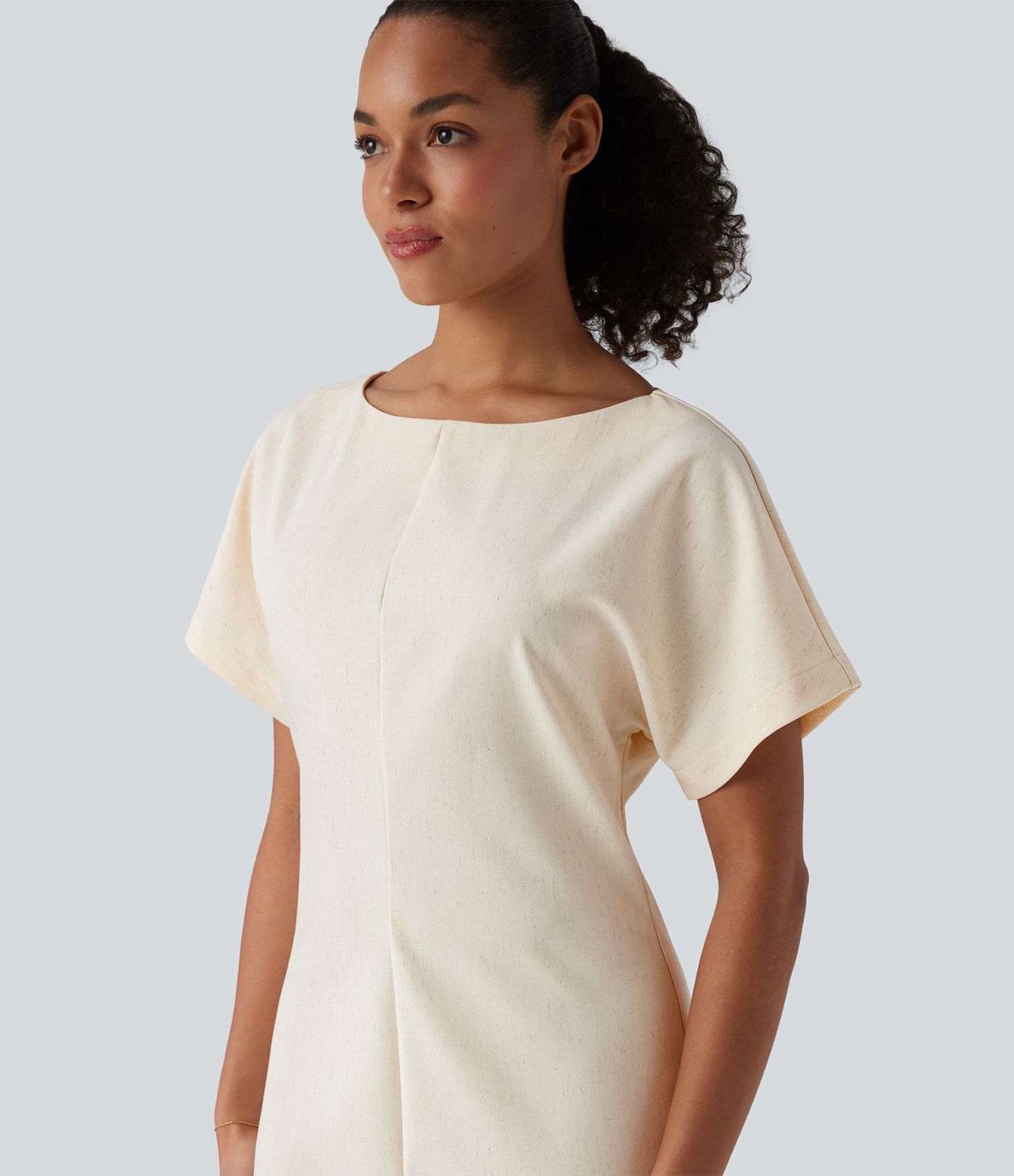 Boat Neck Short Sleeve Midi Work Linen-Blend Dress