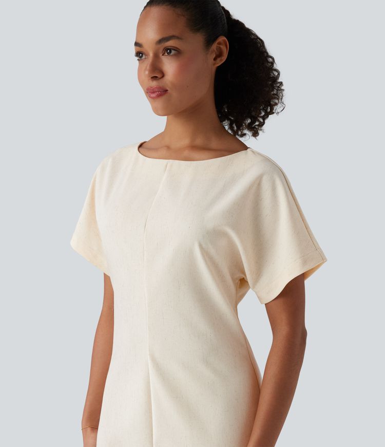 Boat Neck Short Sleeve Midi Work Linen-Blend Dress