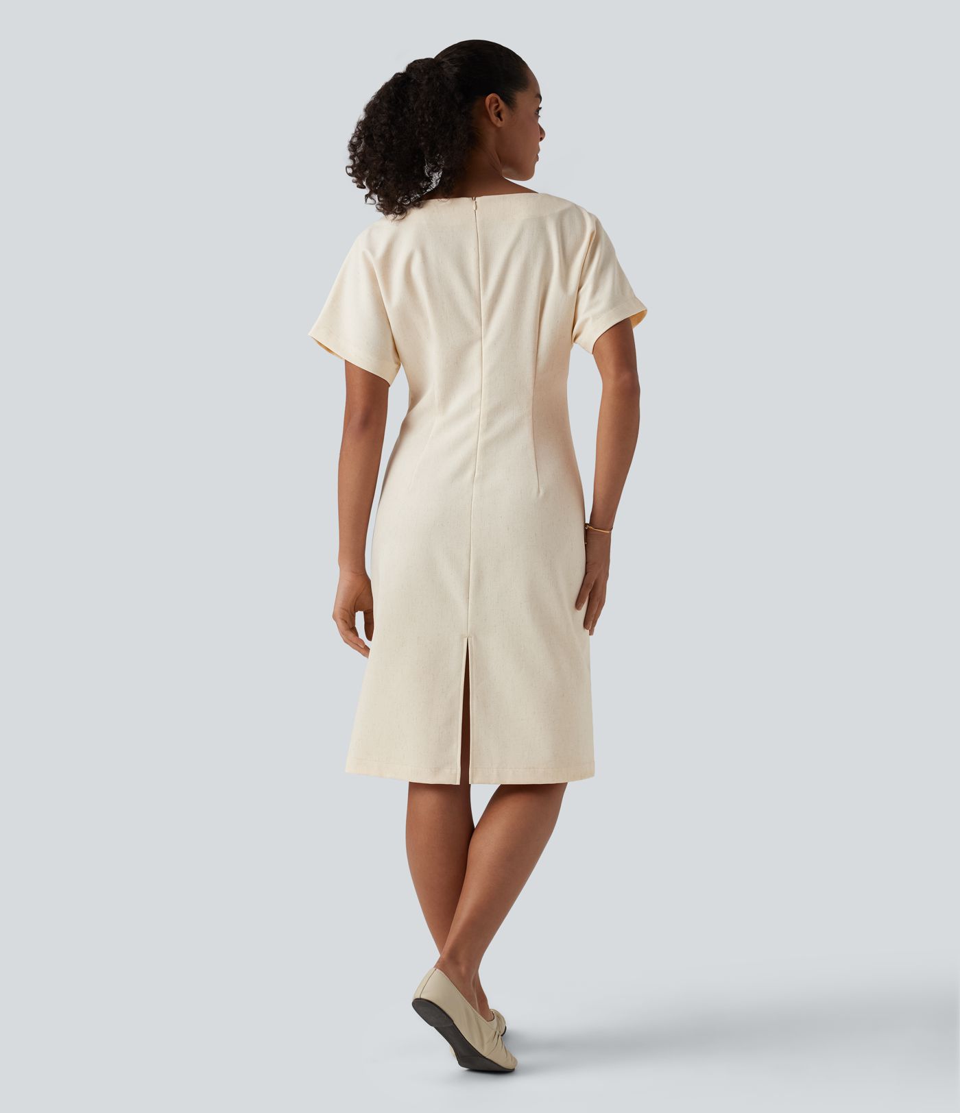 Boat Neck Short Sleeve Midi Work Linen-Blend Dress
