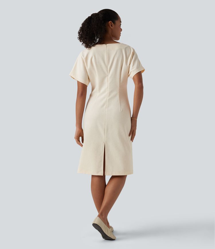 Boat Neck Short Sleeve Midi Work Linen-Blend Dress