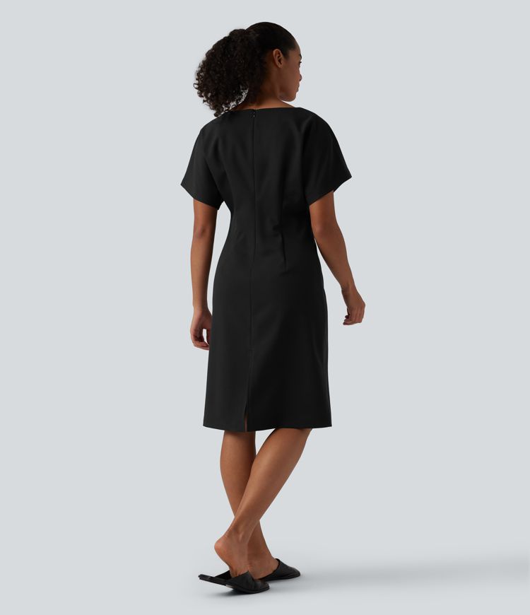 Robe mi-longue de travail col bateau manches courtes mélange lin