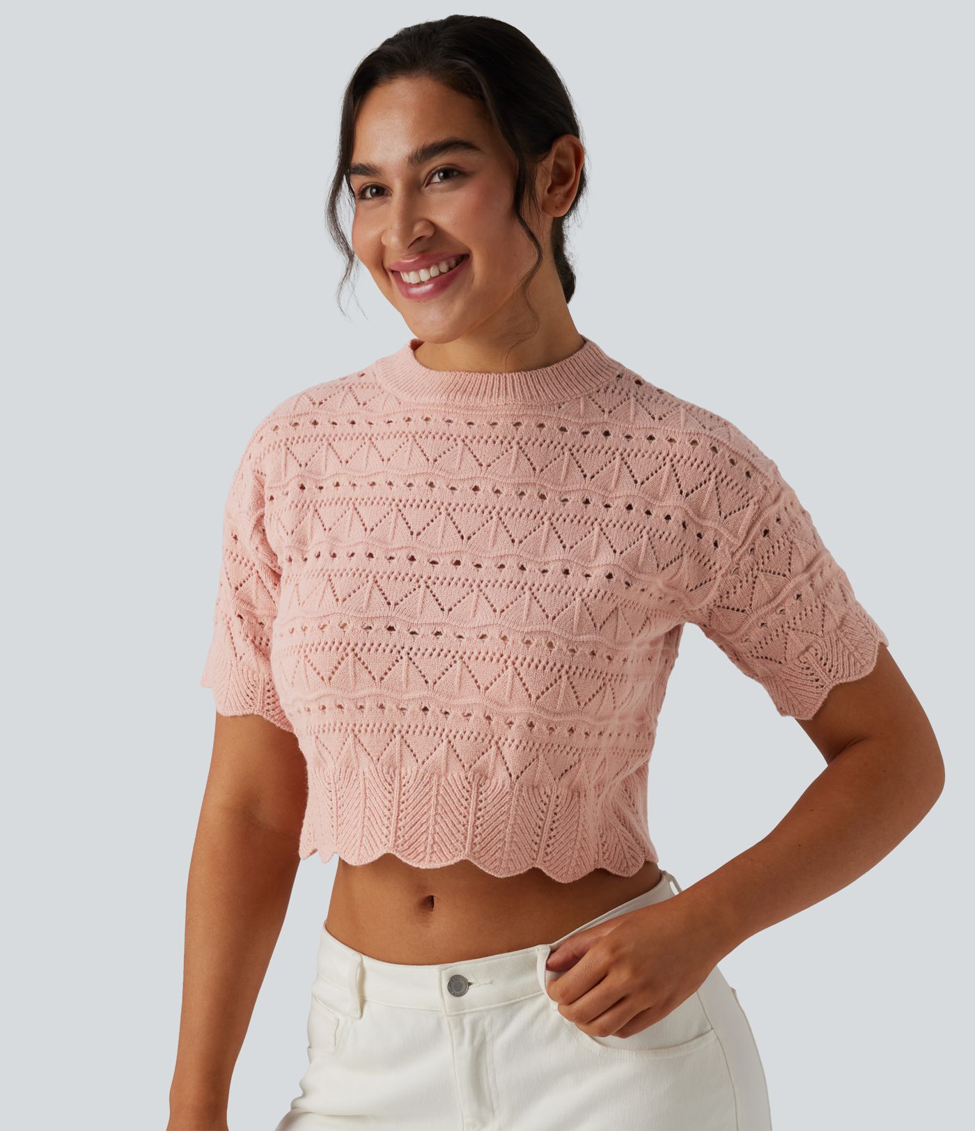 Round Neck Short Sleeve Scallop Hem Open Knit Casual Sweater