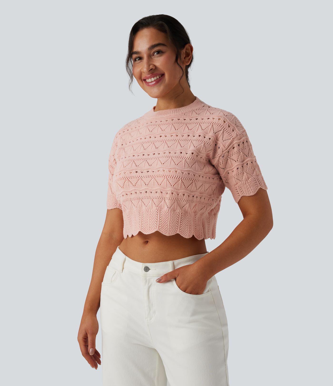 Round Neck Short Sleeve Scallop Hem Open Knit Casual Sweater