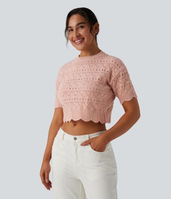Round Neck Short Sleeve Scallop Hem Open Knit Casual Sweater