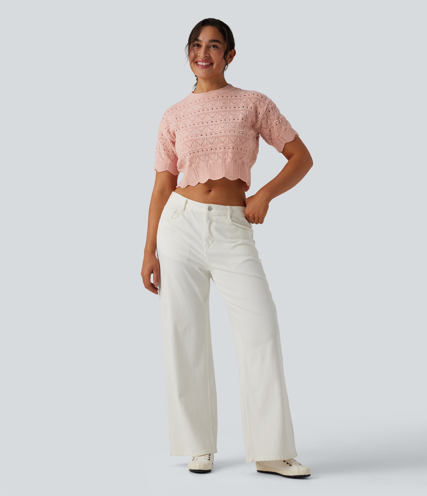 Round Neck Short Sleeve Scallop Hem Open Knit Casual Sweater