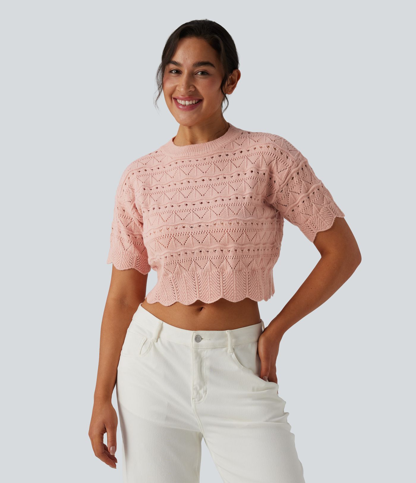 Round Neck Short Sleeve Scallop Hem Open Knit Casual Sweater