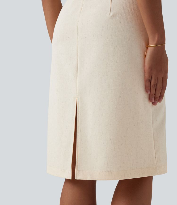 Boat Neck Short Sleeve Midi Work Linen-Blend Dress