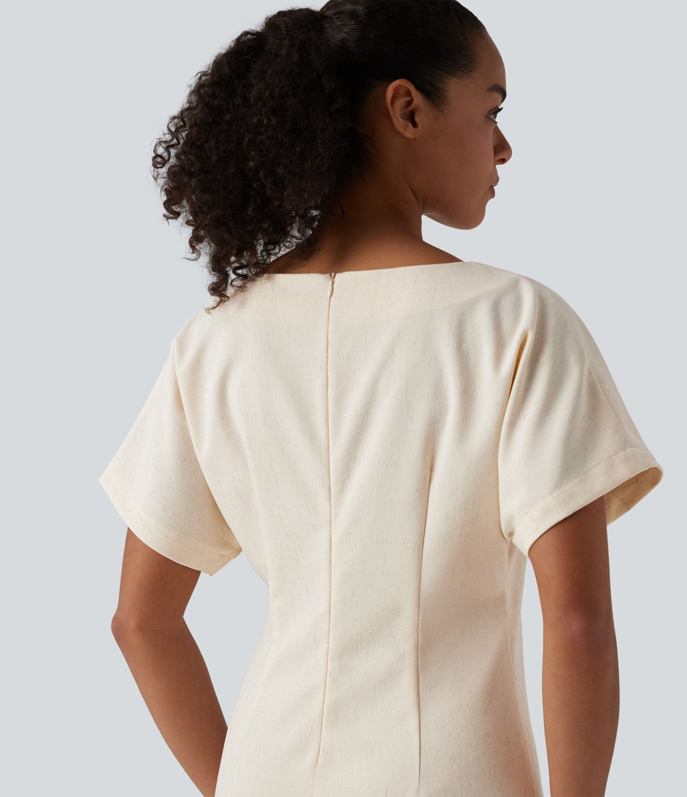 Boat Neck Short Sleeve Midi Work Linen-Blend Dress