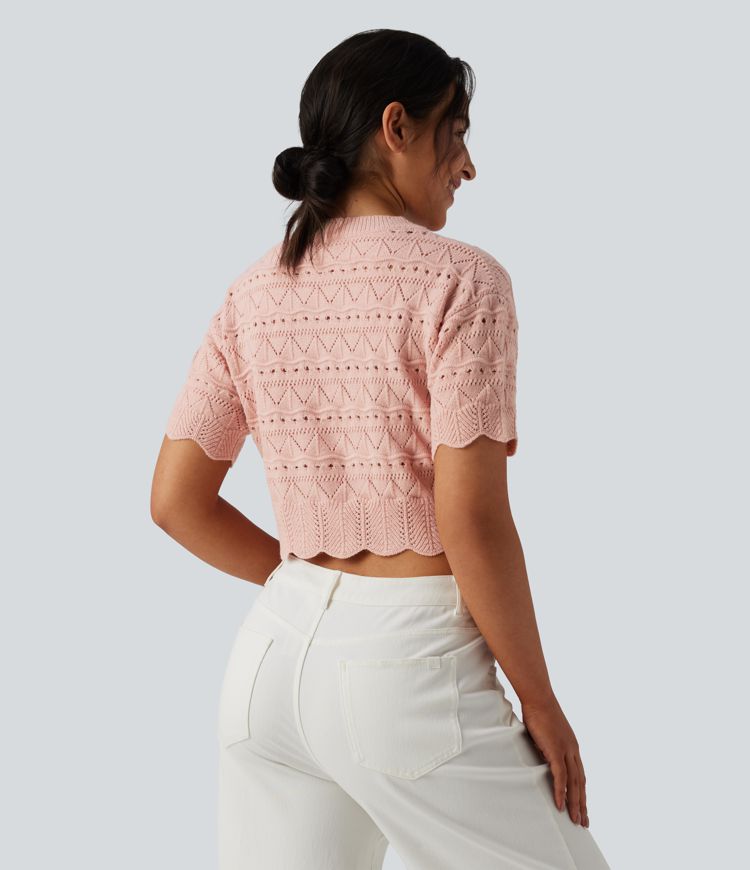 Round Neck Short Sleeve Scallop Hem Open Knit Casual Sweater