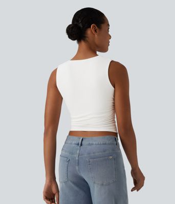 Square Neck Ruched Cropped Casual Tank Top