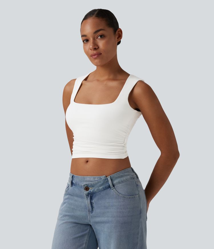 Square Neck Ruched Cropped Casual Tank Top