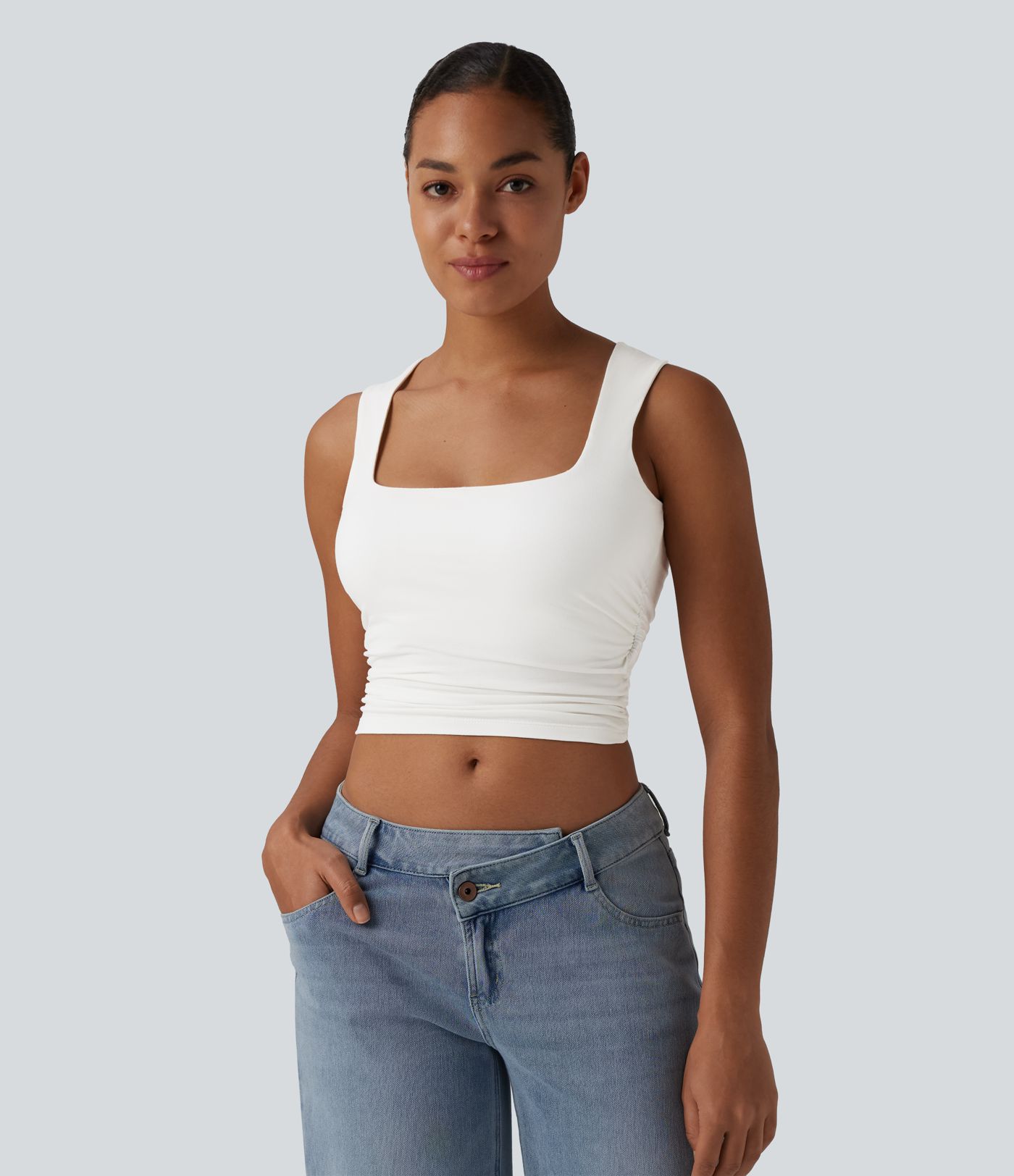 Square Neck Ruched Cropped Casual Tank Top