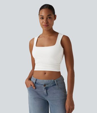Square Neck Ruched Cropped Casual Tank Top