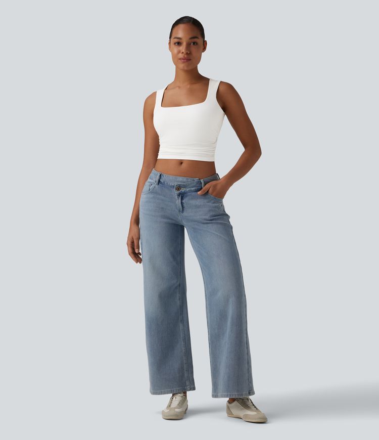 Square Neck Ruched Cropped Casual Tank Top