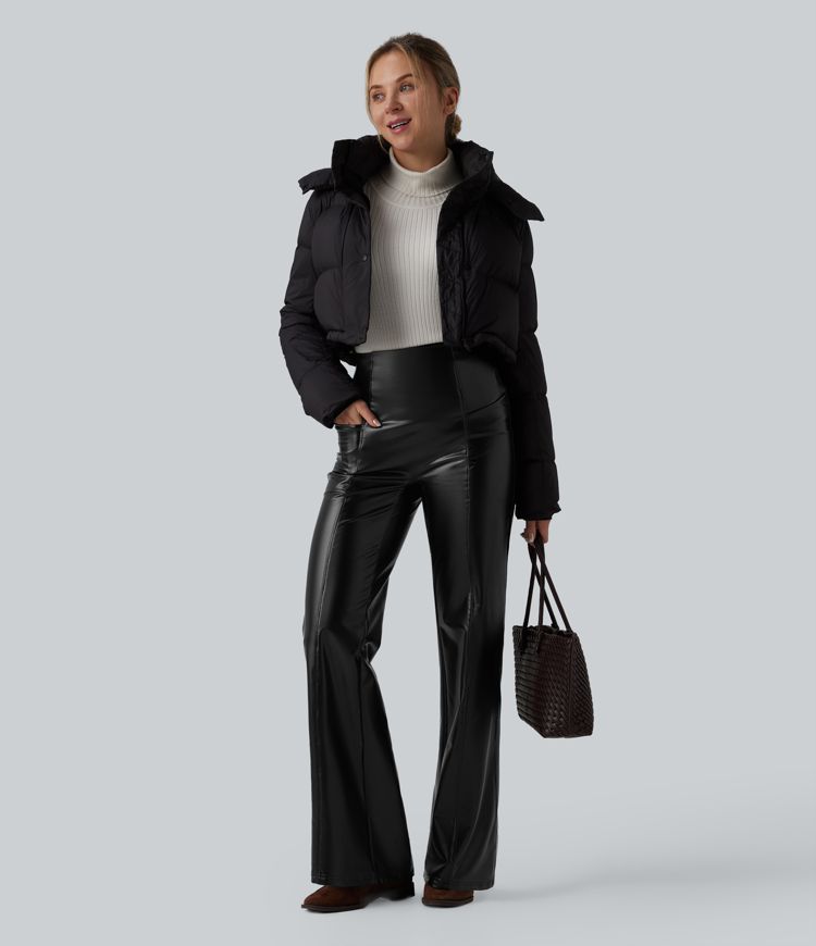 Hochgeschnittene, bauchformende, elastische PU-Fleece-Freizeithosen mit ausgestelltem Schnitt und Taschen