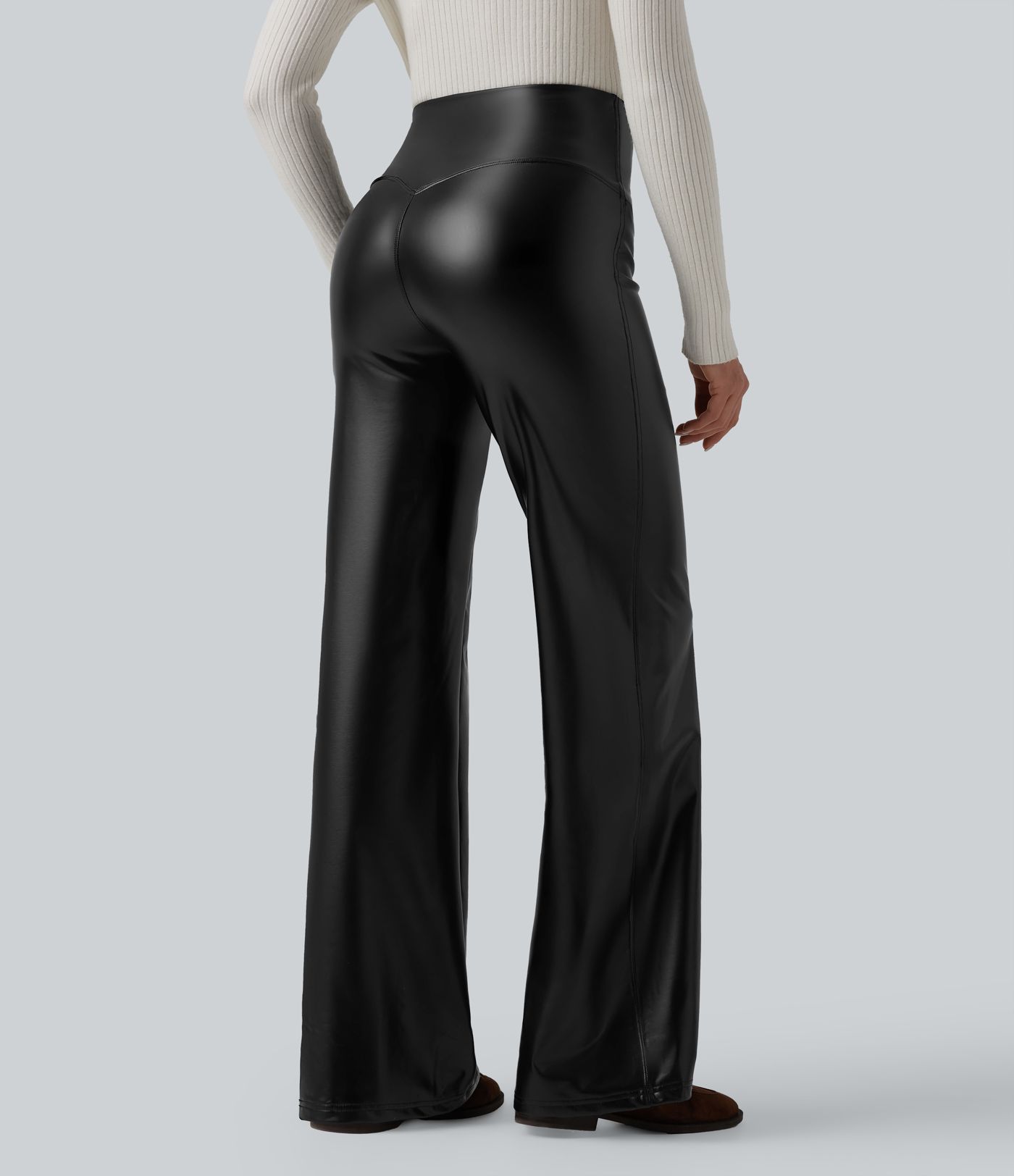 Hochgeschnittene, bauchformende, elastische PU-Fleece-Freizeithosen mit ausgestelltem Schnitt und Taschen