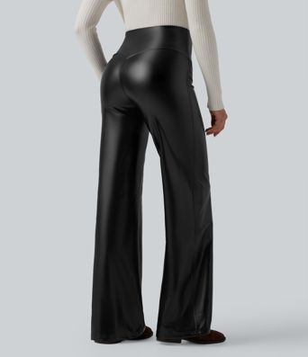 Hochgeschnittene, bauchformende, elastische PU-Fleece-Freizeithosen mit ausgestelltem Schnitt und Taschen