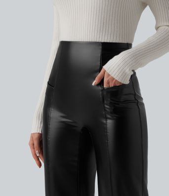 Hochgeschnittene, bauchformende, elastische PU-Fleece-Freizeithosen mit ausgestelltem Schnitt und Taschen