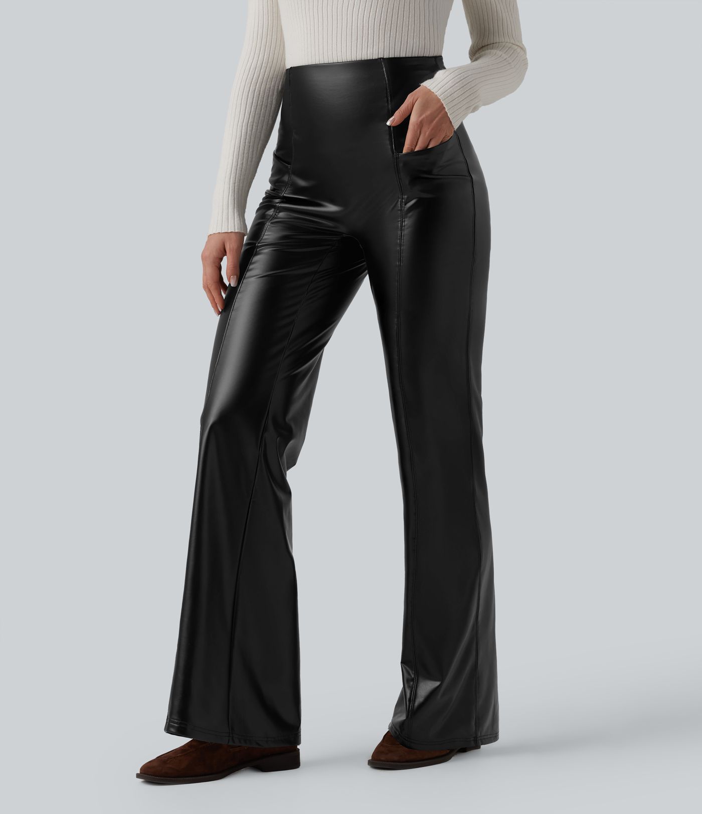 Hochgeschnittene, bauchformende, elastische PU-Fleece-Freizeithosen mit ausgestelltem Schnitt und Taschen