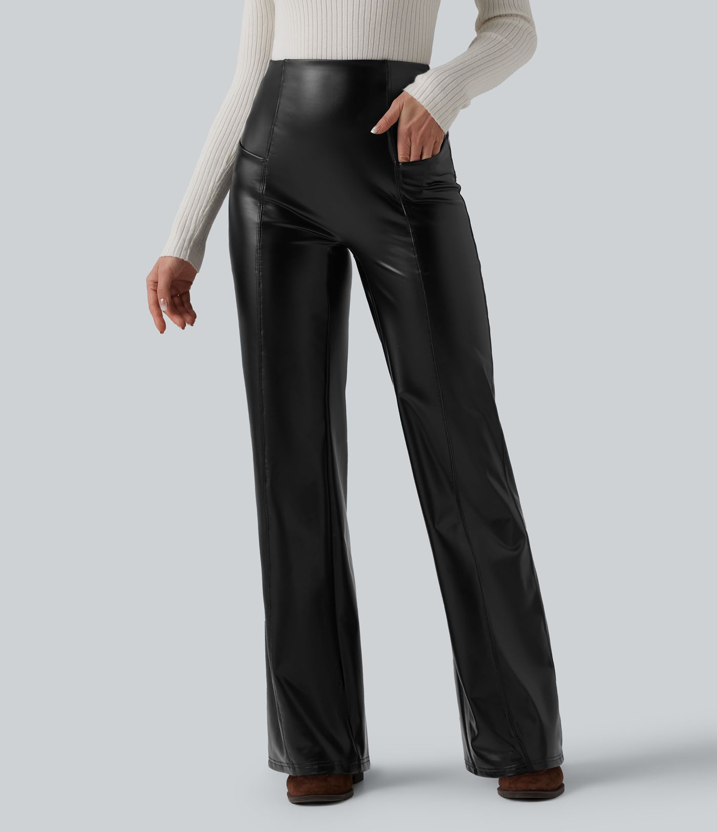 Hochgeschnittene, bauchformende, elastische PU-Fleece-Freizeithosen mit ausgestelltem Schnitt und Taschen