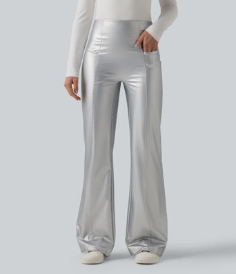 High Waisted Tummy Control Stretchy PU Fleece Casual Flare Pants with Pockets