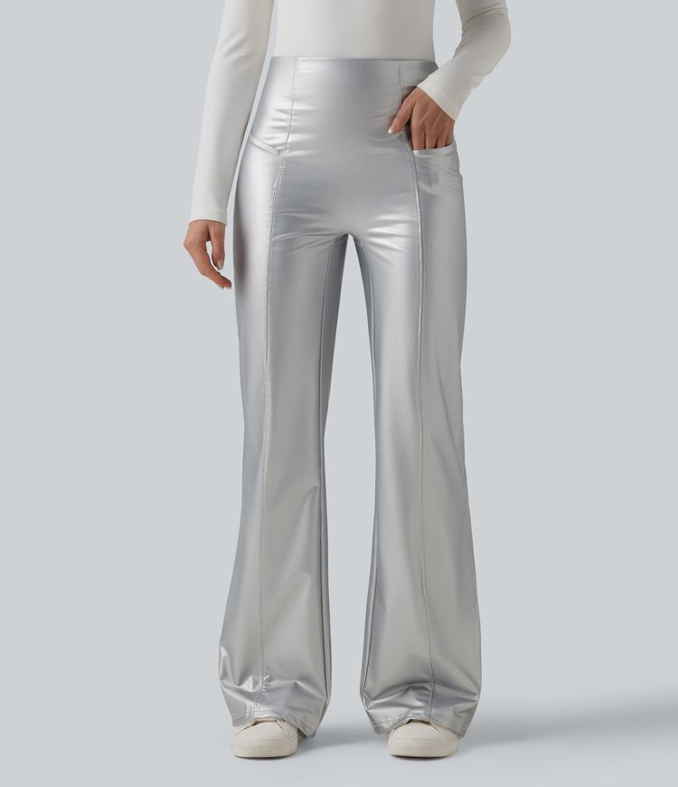 High Waisted Tummy Control Stretchy PU Fleece Casual Flare Pants with Pockets