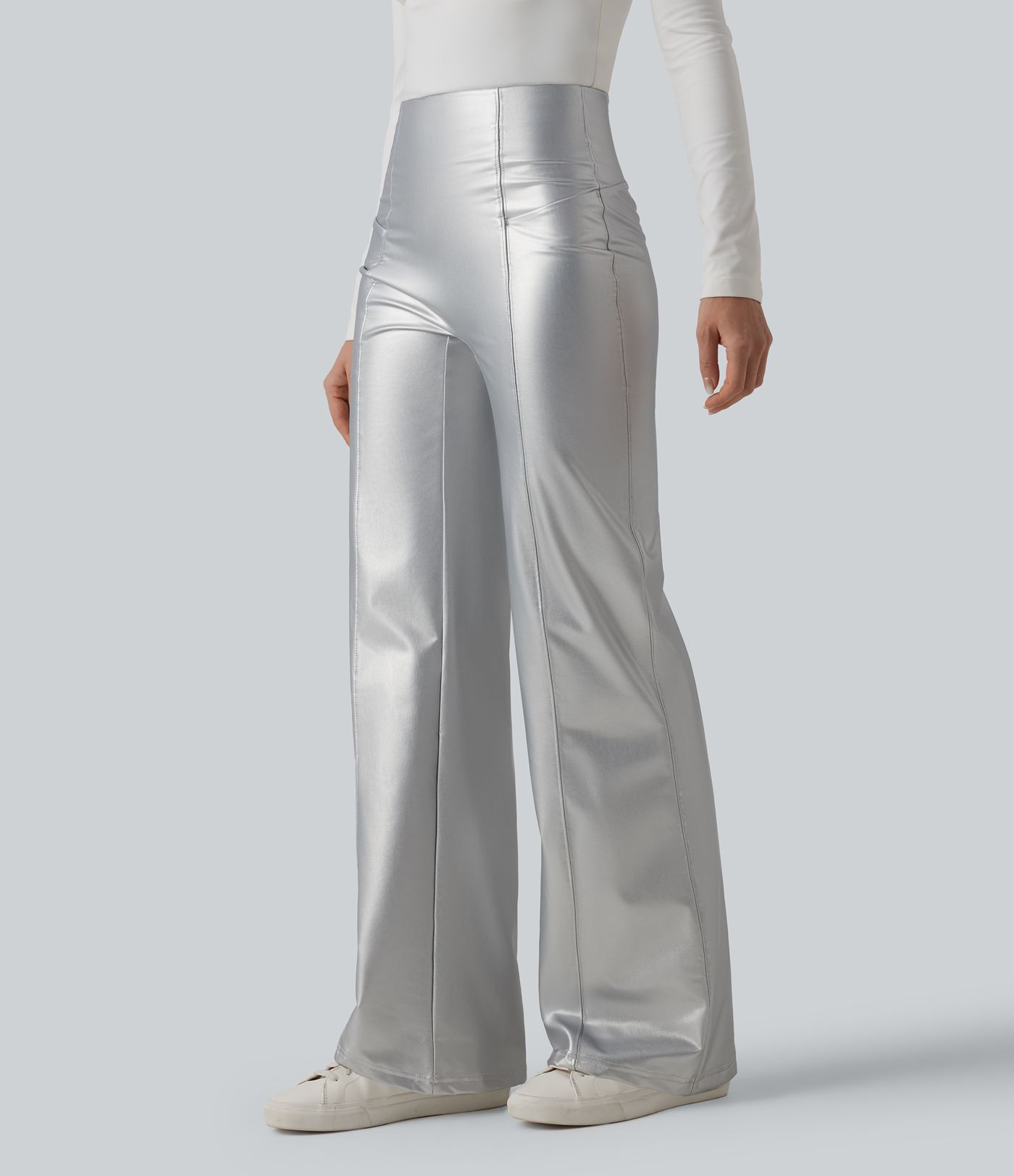 High Waisted Tummy Control Stretchy PU Fleece Casual Flare Pants with Pockets