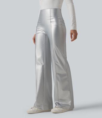 High Waisted Tummy Control Stretchy PU Fleece Casual Flare Pants with Pockets