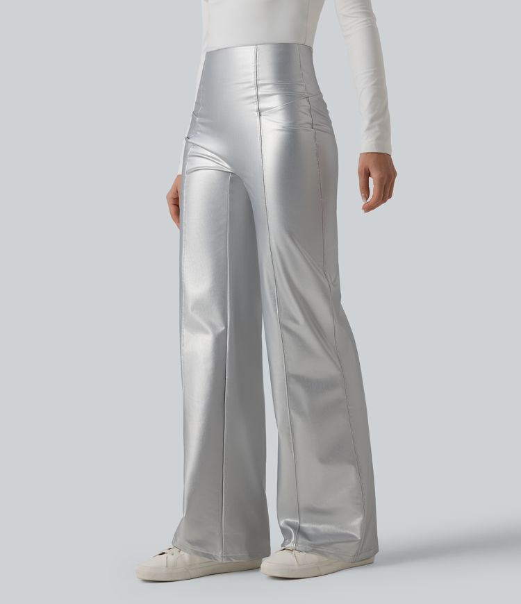 High Waisted Tummy Control Stretchy PU Fleece Casual Flare Pants with Pockets