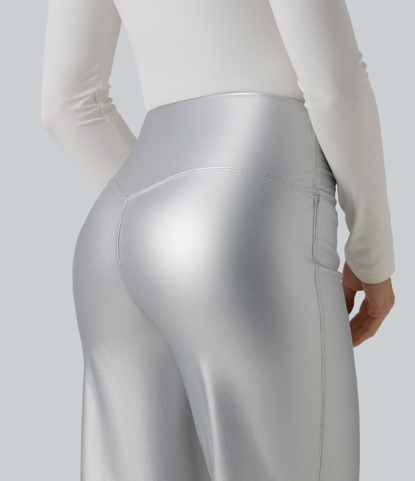 High Waisted Tummy Control Stretchy PU Fleece Casual Flare Pants with Pockets