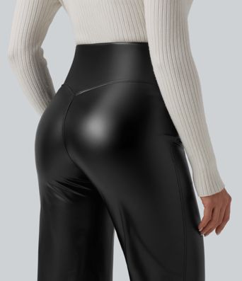 Hochgeschnittene, bauchformende, elastische PU-Fleece-Freizeithosen mit ausgestelltem Schnitt und Taschen