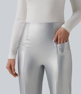 High Waisted Tummy Control Stretchy PU Fleece Casual Flare Pants with Pockets