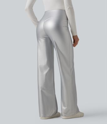 High Waisted Tummy Control Stretchy PU Fleece Casual Flare Pants with Pockets