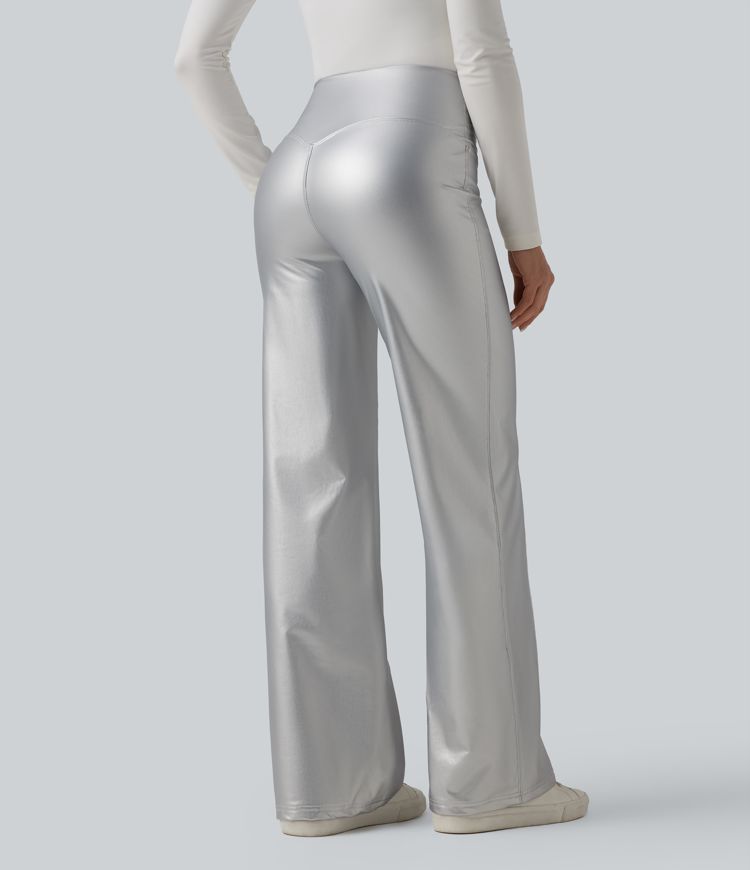 High Waisted Tummy Control Stretchy PU Fleece Casual Flare Pants with Pockets