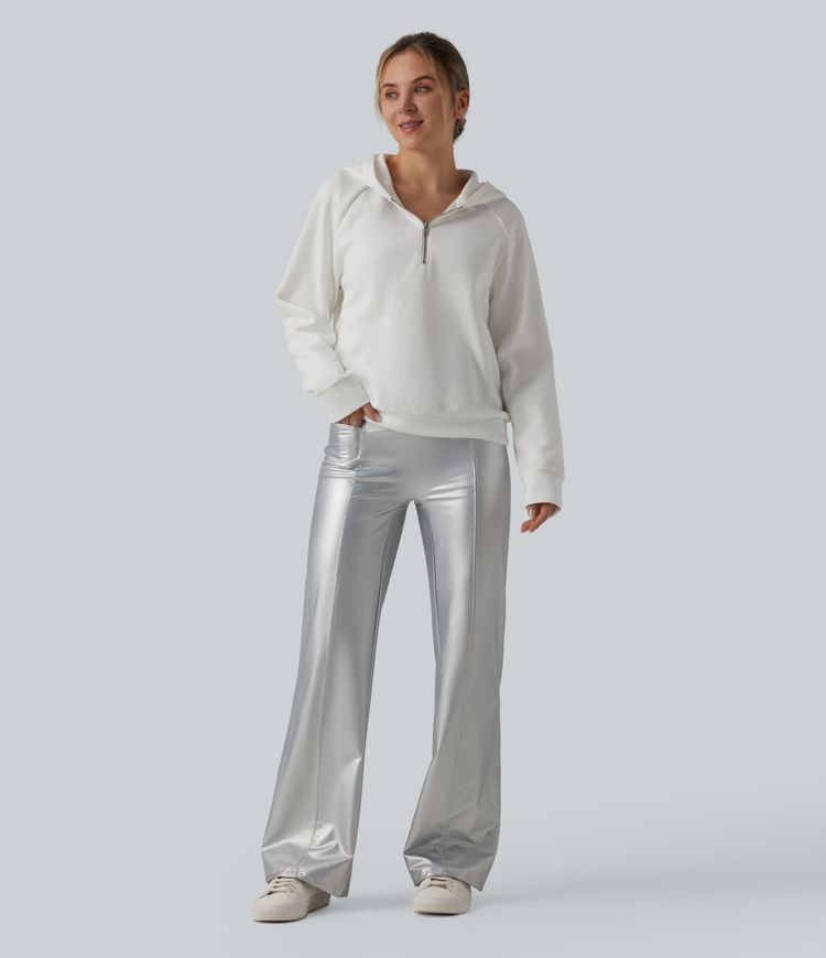 High Waisted Tummy Control Stretchy PU Fleece Casual Flare Pants with Pockets