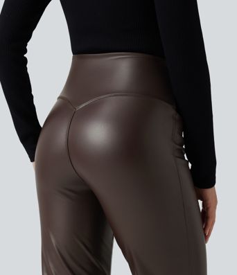 Pantalones acampanados casuales de tiro alto con control de abdomen, elásticos, de forro polar PU y bolsillos.