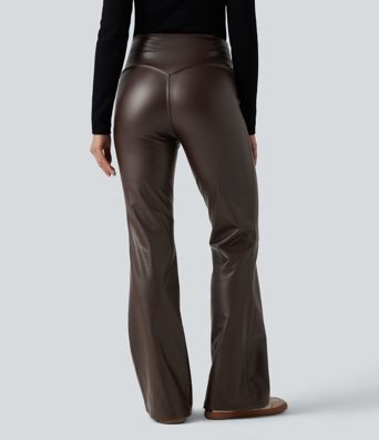 Pantalones acampanados casuales de tiro alto con control de abdomen, elásticos, de forro polar PU y bolsillos.