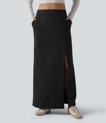 High Waisted French Terry Maxi Casual Cotton Skirt with Pockets