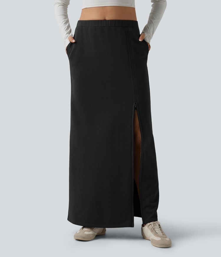 High Waisted French Terry Maxi Casual Cotton Skirt with Pockets
