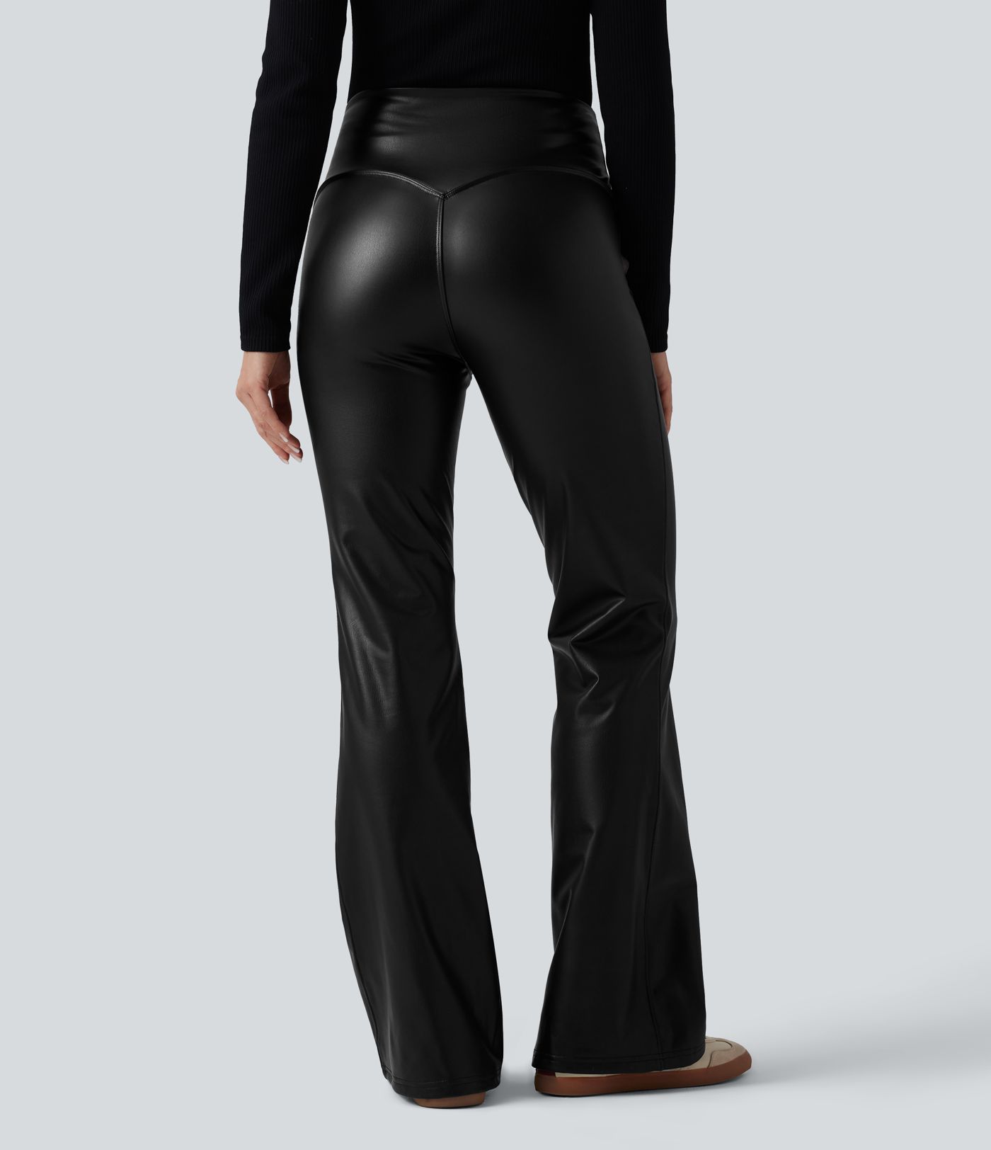 High Waisted Tummy Control Stretchy PU Fleece Casual Flare Trousers with Pockets