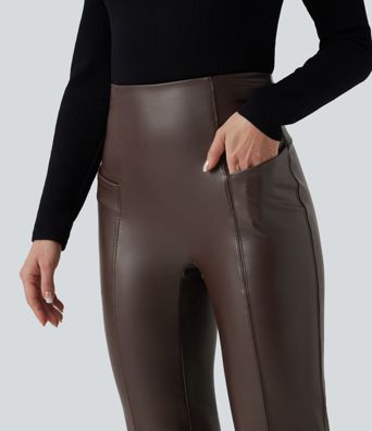 Pantalones acampanados casuales de tiro alto con control de abdomen, elásticos, de forro polar PU y bolsillos.