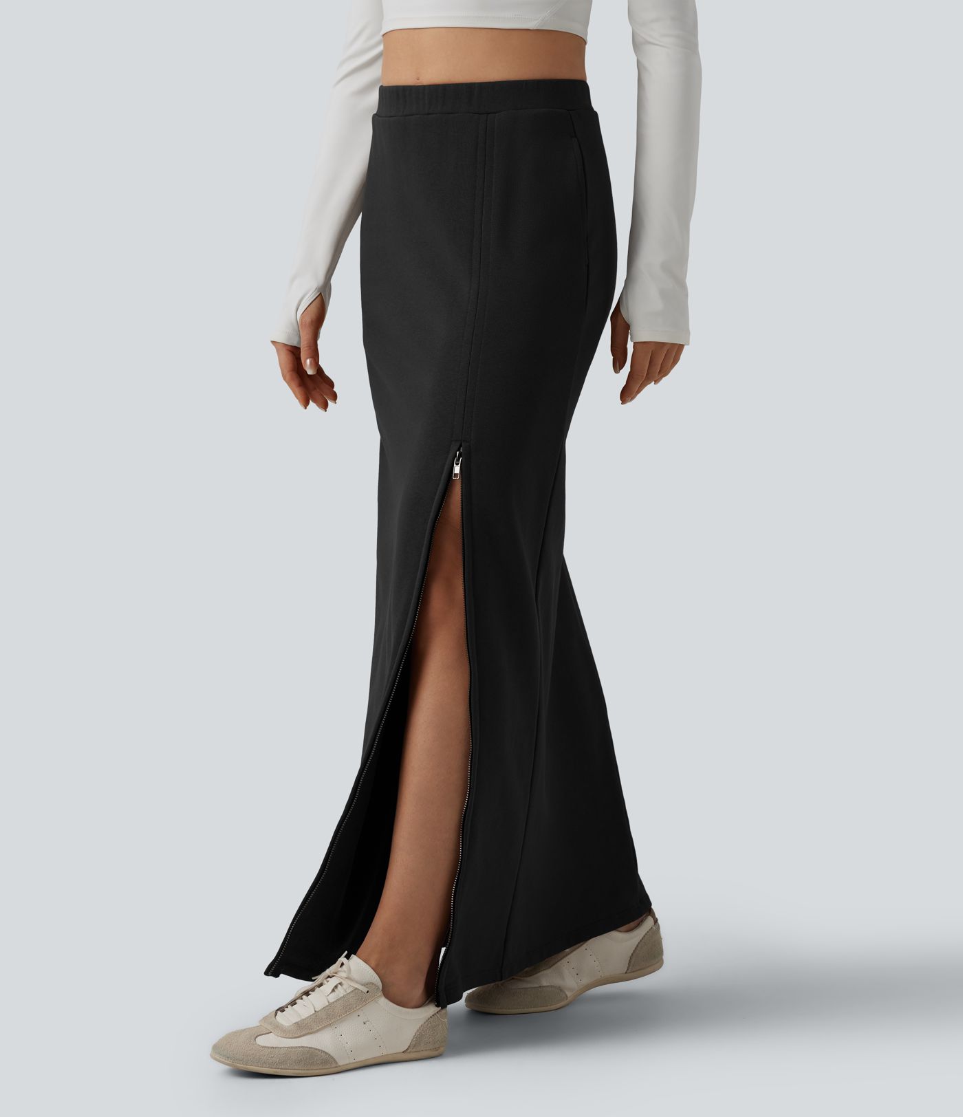 High Waisted French Terry Maxi Casual Cotton Skirt with Pockets