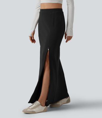 High Waisted French Terry Maxi Casual Cotton Skirt with Pockets