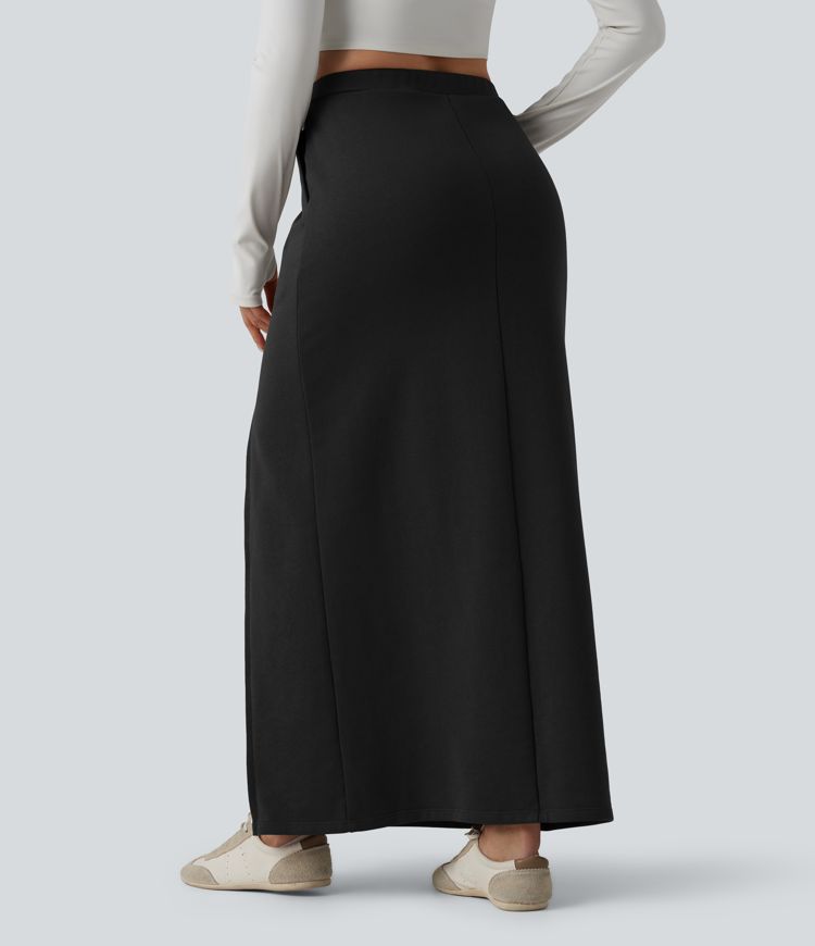 High Waisted French Terry Maxi Casual Cotton Skirt with Pockets