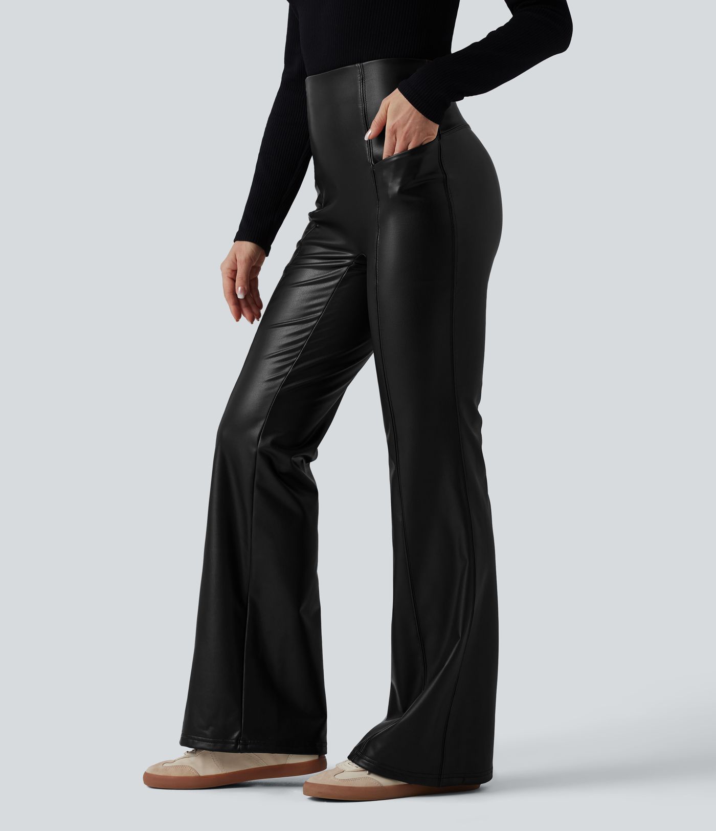 High Waisted Tummy Control Stretchy PU Fleece Casual Flare Trousers with Pockets