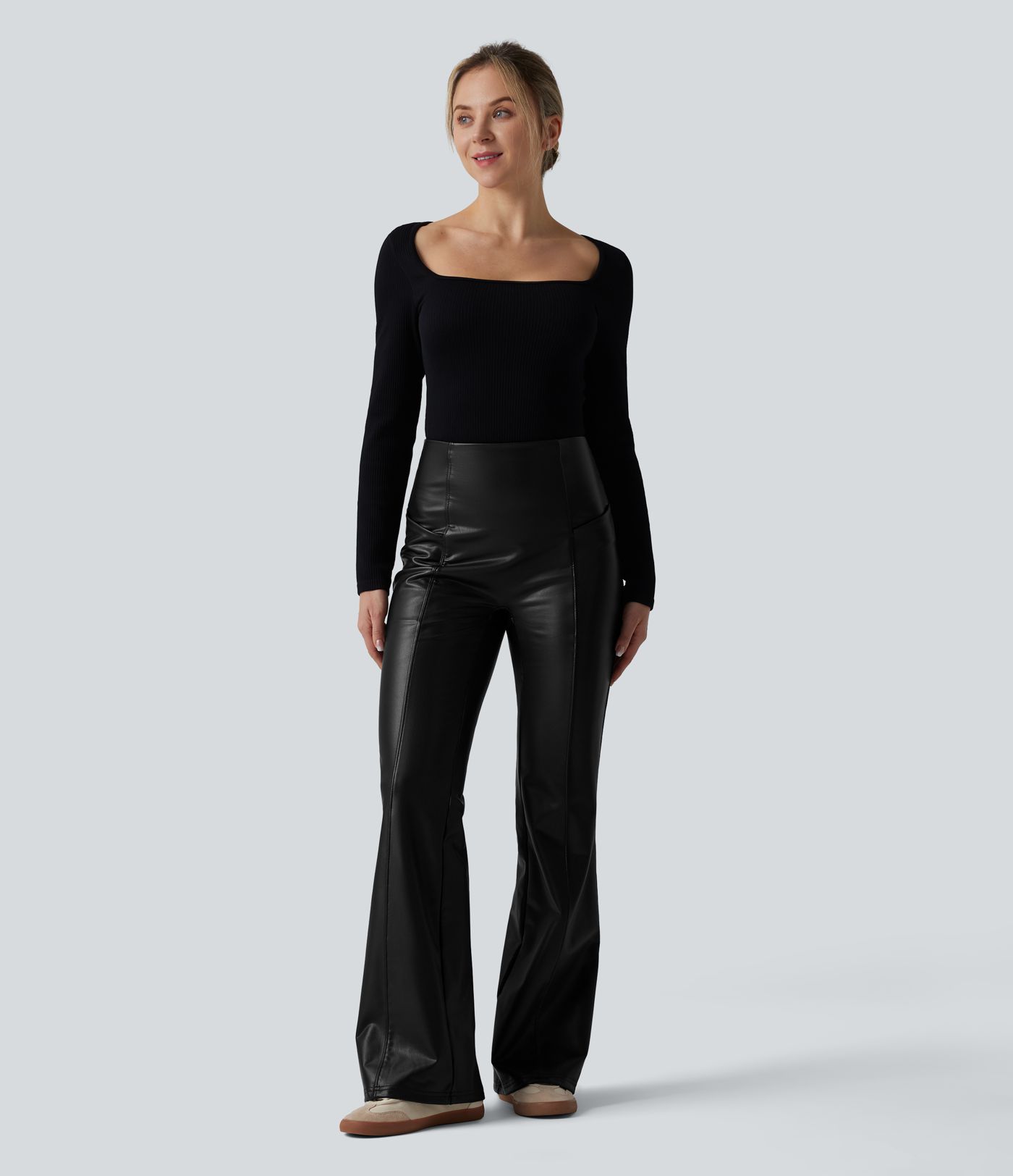 High Waisted Tummy Control Stretchy PU Fleece Casual Flare Trousers with Pockets