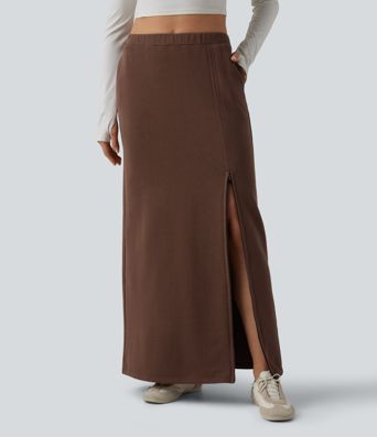 Jupe maxi taille haute en French Terry de coton, style décontracté, avec poches