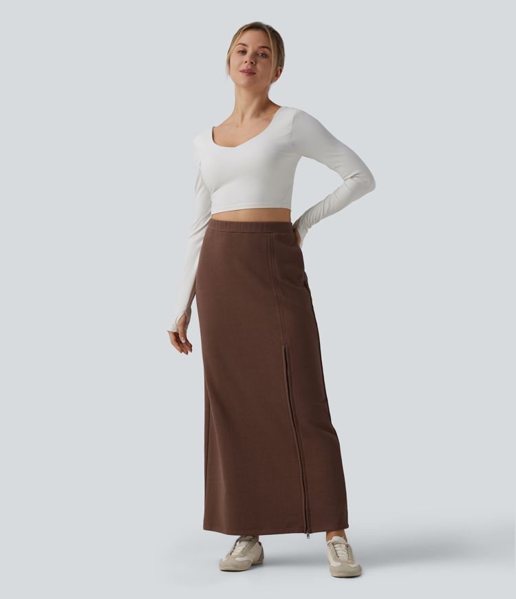 Jupe maxi taille haute en French Terry de coton, style décontracté, avec poches