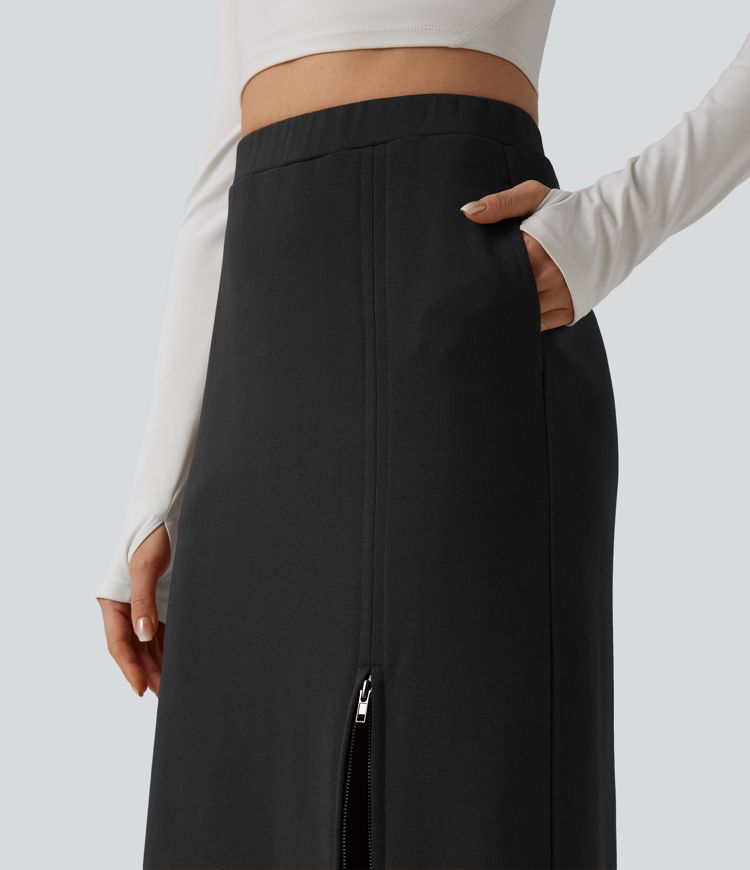 High Waisted French Terry Maxi Casual Cotton Skirt with Pockets