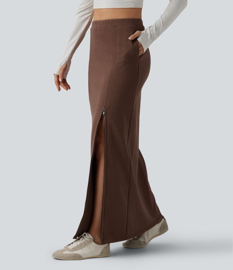 Jupe maxi taille haute en French Terry de coton, style décontracté, avec poches